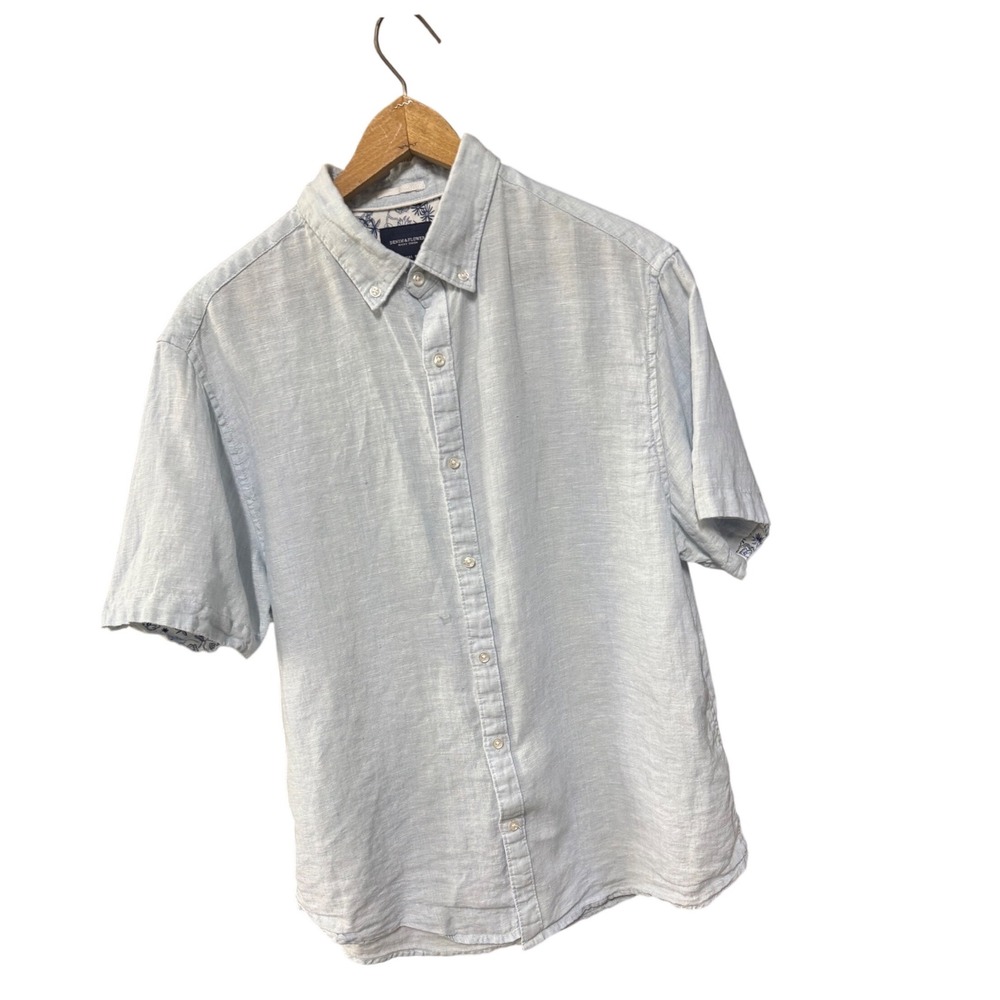 Denim & Flower Ricky Singh Mens Large Light Blue Linen Short Sleeve Button Shirt
